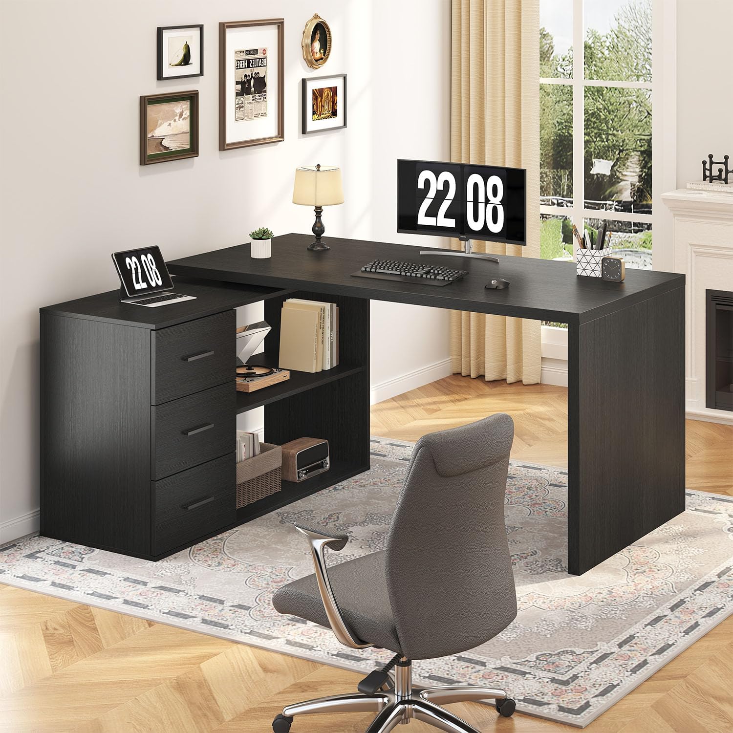 Home Office L Shaped Desk - Scrivania a L moderna nera da