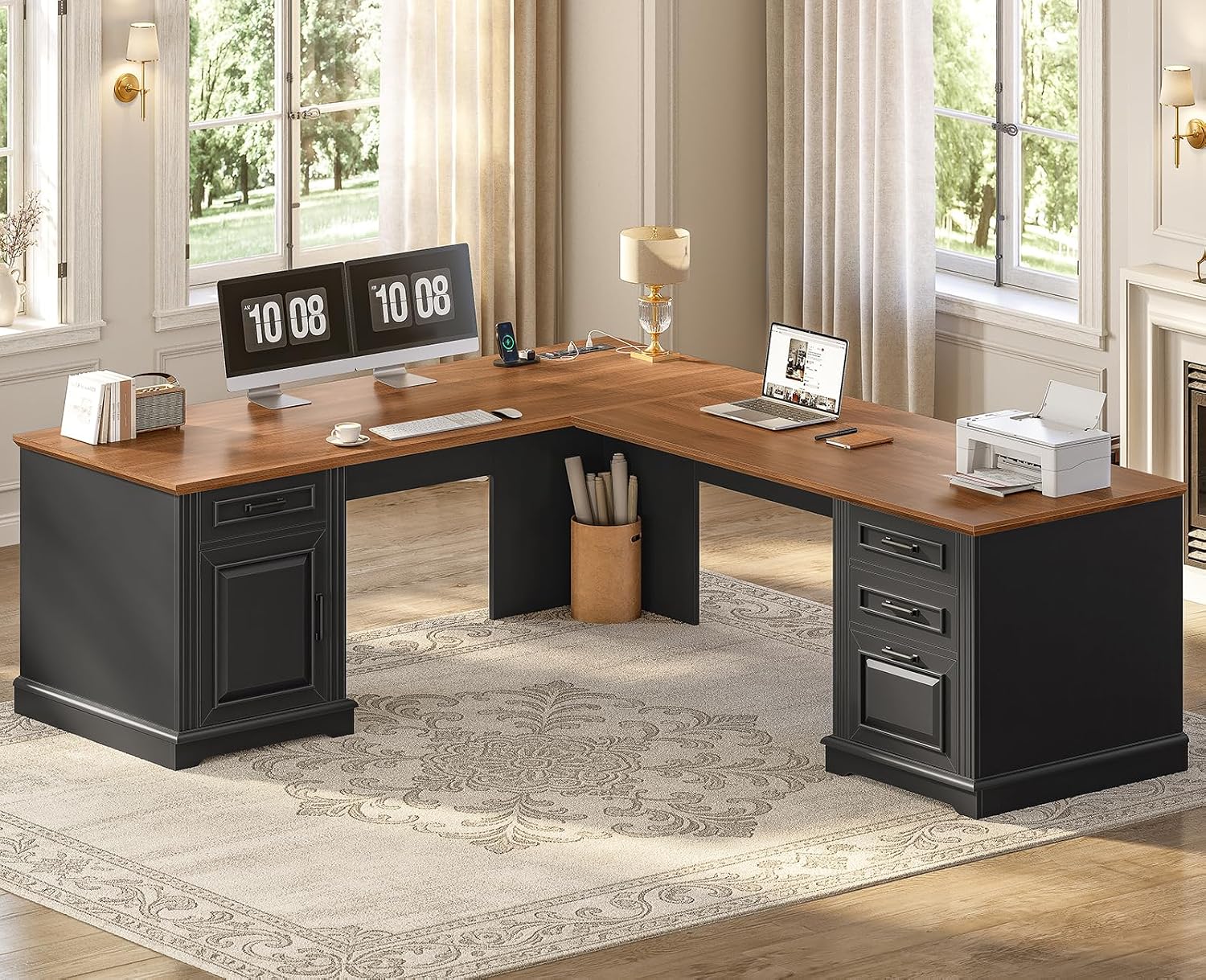 Home Office L Shaped Desk - Scrivania Direzionale a L con Cassetti,